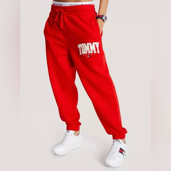 Tommy Hilfiger Women’s Varsity Logo Sweatpants Size XL Red Embroidered Fleece - Picture 1 of 11
